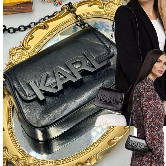 🆕KARL LAGERFELD 🧿NWOT Black Leather K/Letter Shoulder Bag *w/o original strap* - Picture 1 of 15